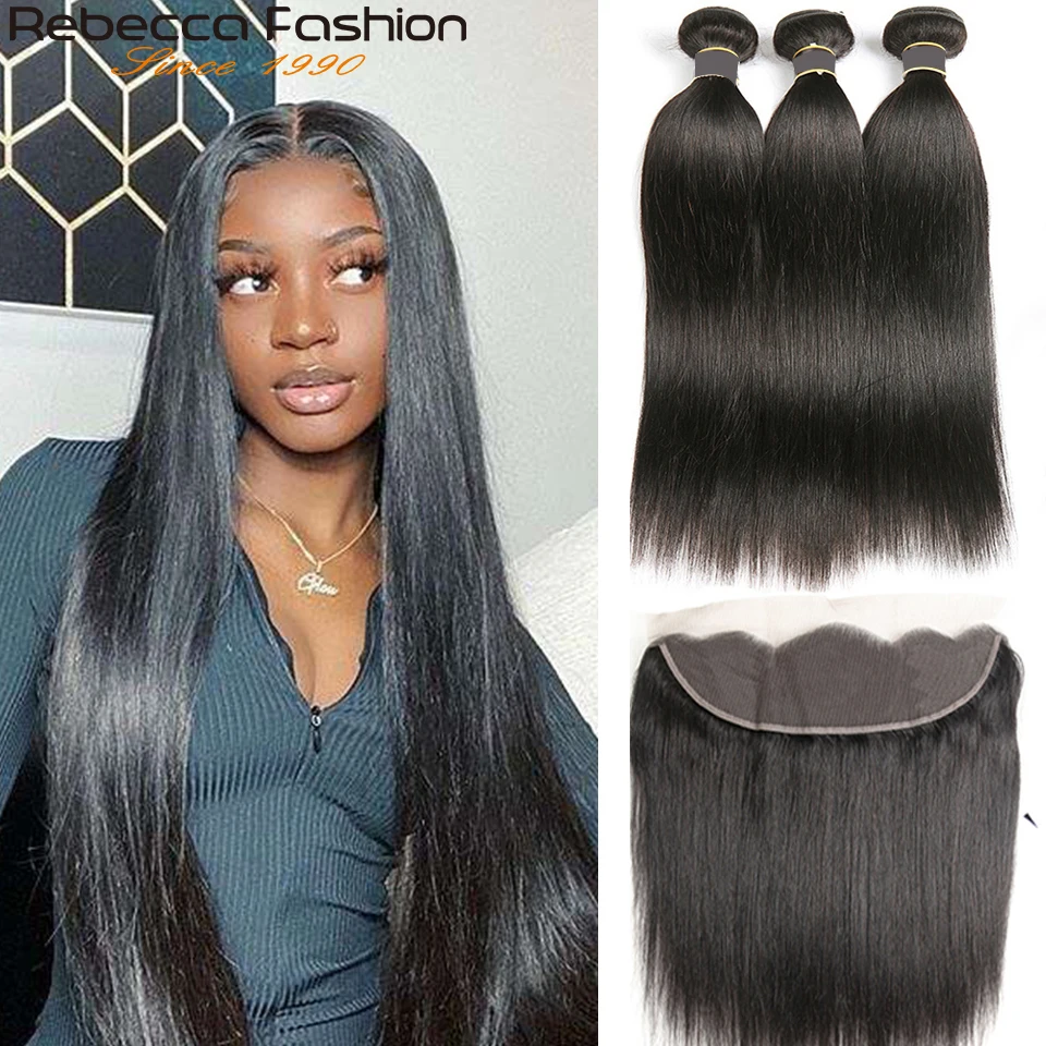 Rebecca-Peluca de pelo liso con mechones, cabello humano malayo Remy con encaje Frontal, 3 mechones