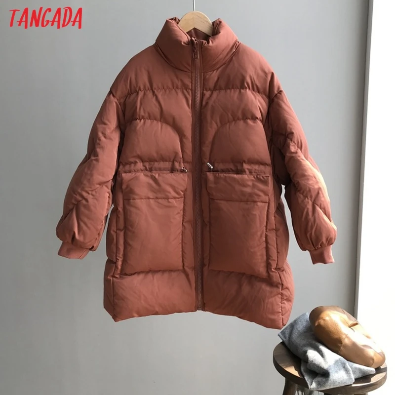 Tangada женские свободные длинные парки на молнии с толстым карманом Женские однотонные зимние куртки с хлопковой подкладкой теплое пальто повседневные ATC04