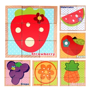 Children Wooden Puzzle 9 Pieces Six Sides Jigsaw Boys Girls Early Educational Cartoon Toddler Learning Training Toys Gifts A20 - Цвет: Fruits