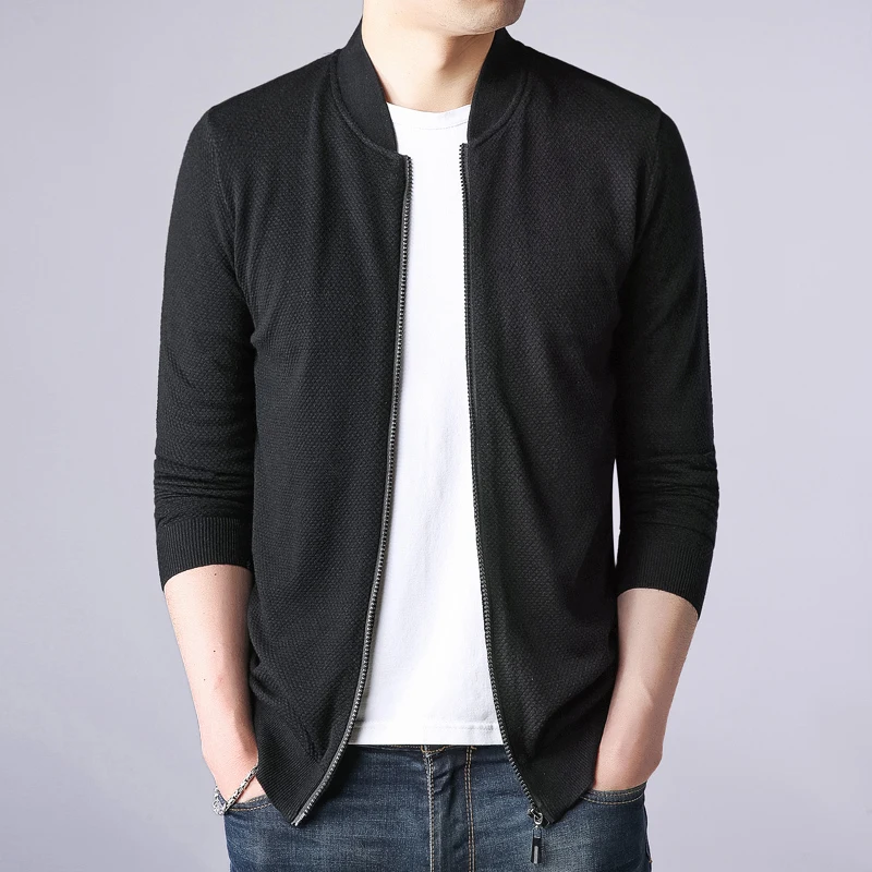 Sweater coat men's stand collar zipper long-sleeved knit coat Fashion city simple versatile high-end slim coat 2019
