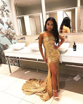 

Sparkle Lace Sequins Strapless Dinner Dress Side Split Women Formal Evening Gown robe de soiree