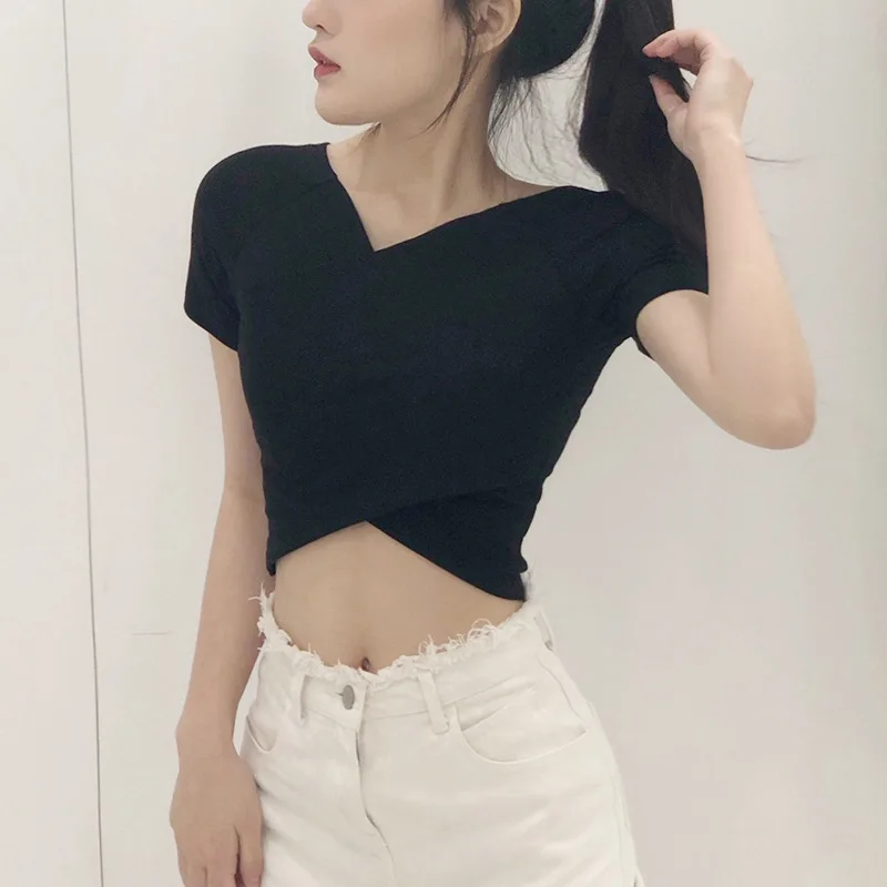 Korean version of pure color short t-shirt v-collar sleeve bottom shirt slim figure summer women's T-shirt trend | Женская одежда
