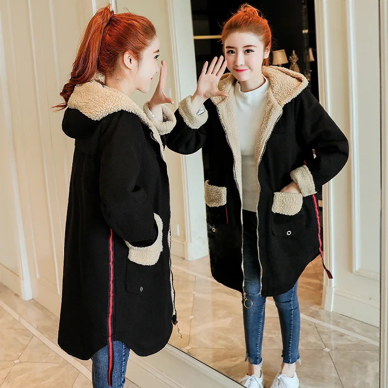 

Mid-length Students Cotton Coat Women's Winter Loose Thick plus Velvet Cowboy Hooded Lambs Wool Coat 8768