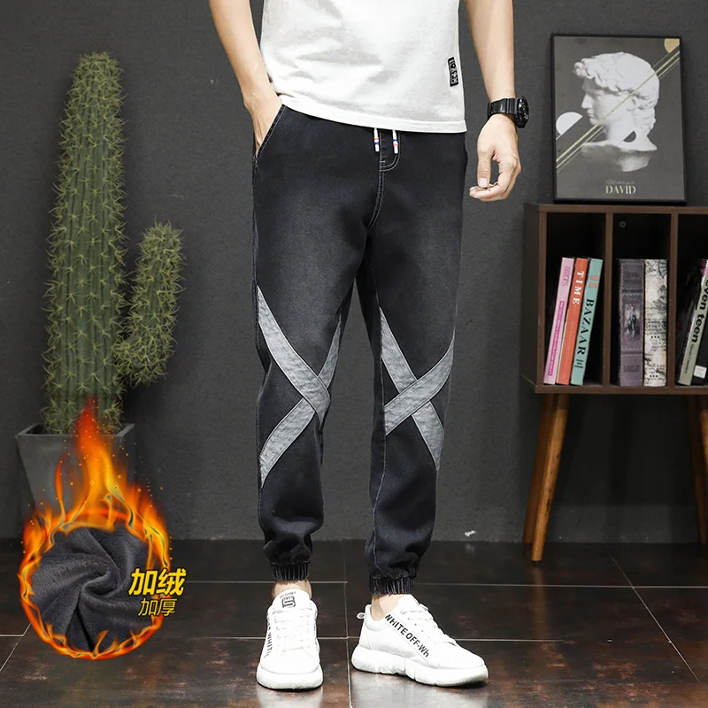 2020 Autumn Winter Men's Cotton Elastic Jeans Plush Thicken Denim Pants Patchwork Quality Casual Warm Velvet Leggings Trousers