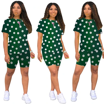 green 2 piece set Adogirl/повседневный комплект из двух предметов с принтом в горошек, футболка с круглым вырезом и короткими рукавами топ+ шорты, большие размеры, S-3XL, женский спортивный костюм - Цвет: green 2 piece set