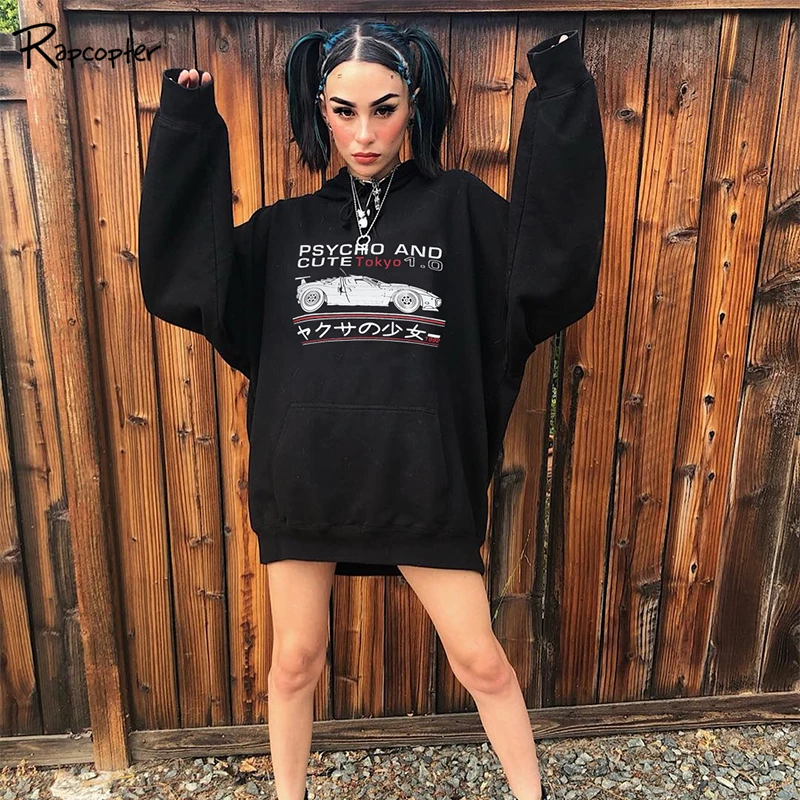 

Rapcopter Printed Women Hip Hop Hooded Pullovers Long Sleeve Casual Oversize Long Sweatshirts Femme Korean Style Fashion Hoodies