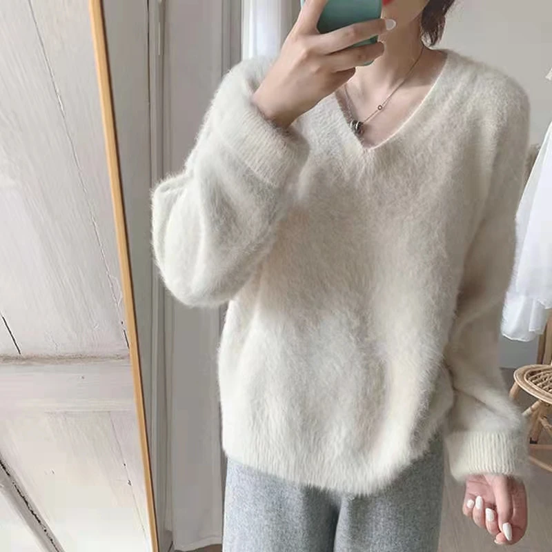

Korean Style Women V Neck Mohair Sweaters Autumn Winter Long Sleeve Mik Cashmere Thick Warm Soft White Loose Pullovers