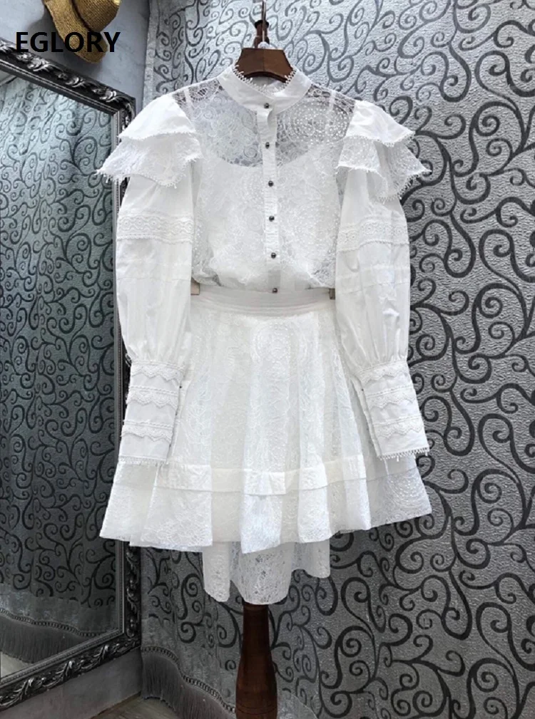 

High Quality Brand New Skirt Suits 2021 Spring Summer Sexy Party Club Women Lace Patchwork White Shirts+Ball Gown Lace Skirt Set