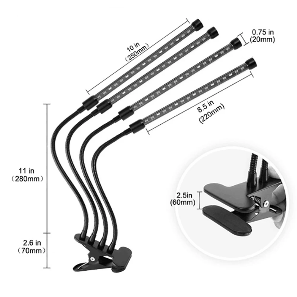 Светодиодный светильник с 4 головками для выращивания, полный спектр, фито-лампа с USB зажимом, лампа для выращивания растений, комнатных саженцев, цветов, тент, коробка для выращивания, фитолампа