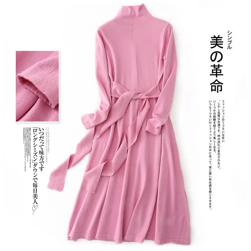 High collar pink DSANNINGT женское осеннее кашемировое платье с высоким воротом натуральный вязаный пояс офисное тонкое шерстяное платье ТРАПЕЦИЕВИДНОЕ однотонное платье - Цвет: High collar pink