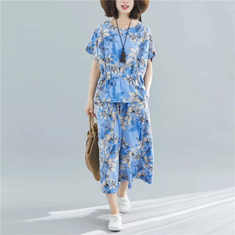 

2019 Summer New Style Women's Western Style Set Fat Mm Slimming Belly Loose-Fit Slimming Tops Loose Pants