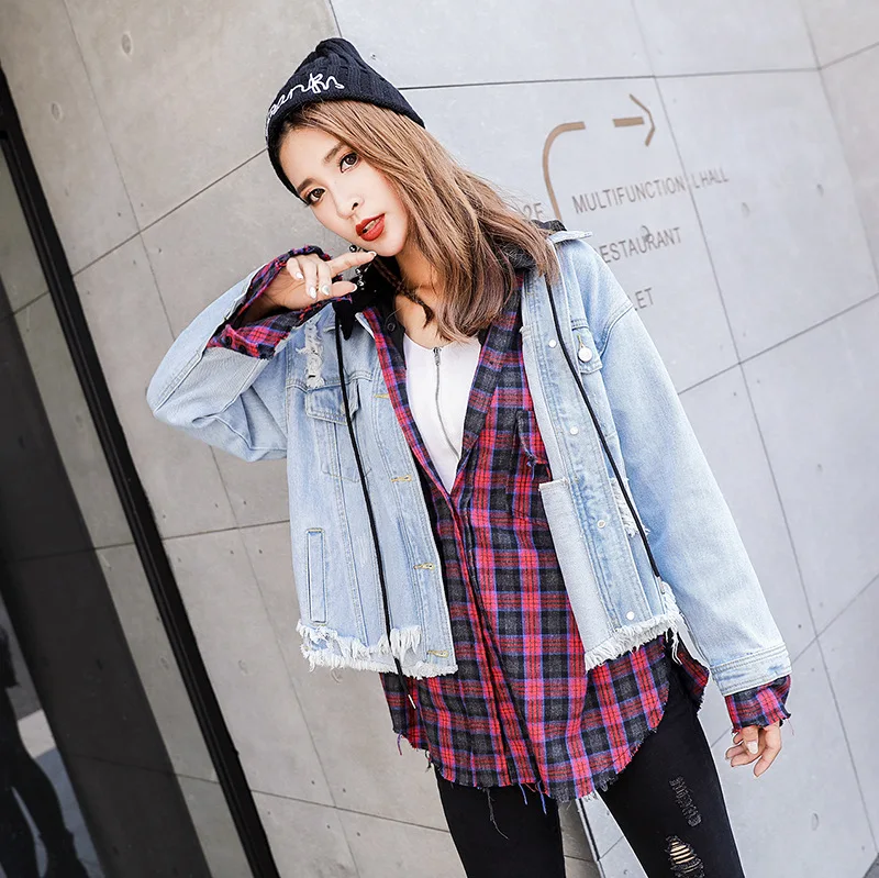

2018 Spring And Autumn New Products Korean-style Printed Letter Short Jeans Coat Women's with Holes Jacket Loose Comfortable Ver