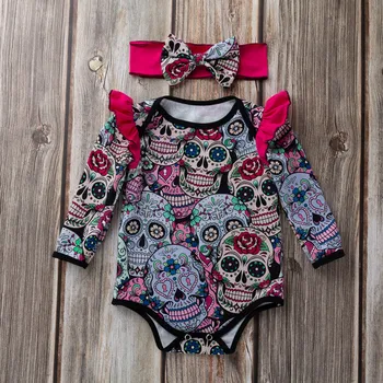 

MUQGEW Toddler Newborn Baby Floral Girls Long Sleeve Halloween Cartoon Skull Romper Jumpsuit Baby girls boys clothes 2019