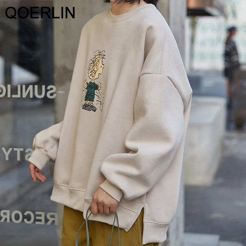 QOERLIN Women's Oversize Sweatshirts Korean Cartoon Print O-Neck Loose Sweatshirt Female Pullovers Apricot Casual Split Pulls