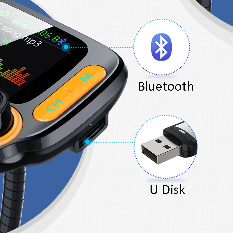 C86 автомобильный fm-передатчик Bluetooth 5,0 MP3 музыкальный плеер AUX 1,7" TFT цветной экран переключатель папки Обнаружение напряжения Handsfree USB