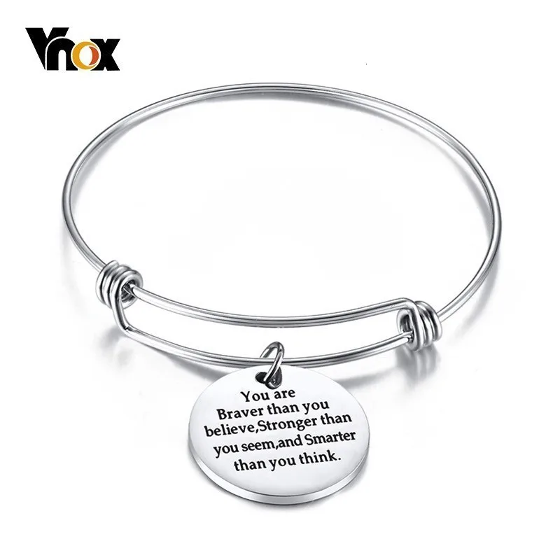 Vnox Adjustable Bangle with Inspiration Words Charm You Are Braver Coin Charms Bracelet Stainless Steel Pulseira | Украшения и