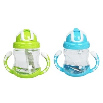 

2x 320Ml Baby Bottle Kids Cup Silicone Cute Baby Drinking Water Straw Handle Feeding Bottle(Green&Blue)