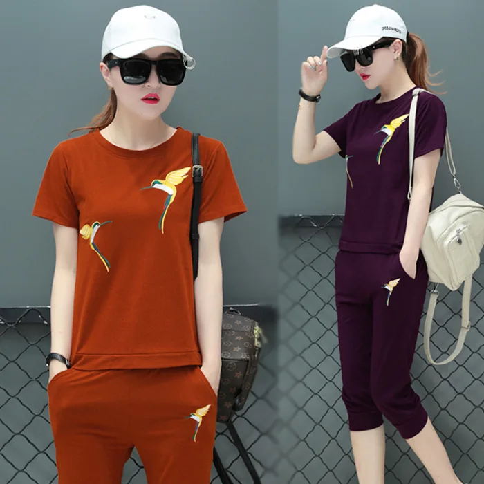 

Hot Selling 2020 Summer New Style Sports WOMEN'S Suit Two-Piece Set shi shang zhuang Short Sleeve Capri Pants Casual Wear Women'