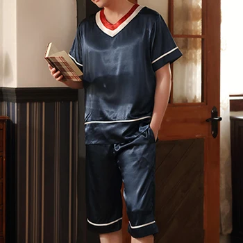 

Men Patchwork Pajamas Sets Breathable Short Sleeve V Neck Tops Short Bottoms Sleepwear Summer Men Nightwear Suits Homewear 5XL 7