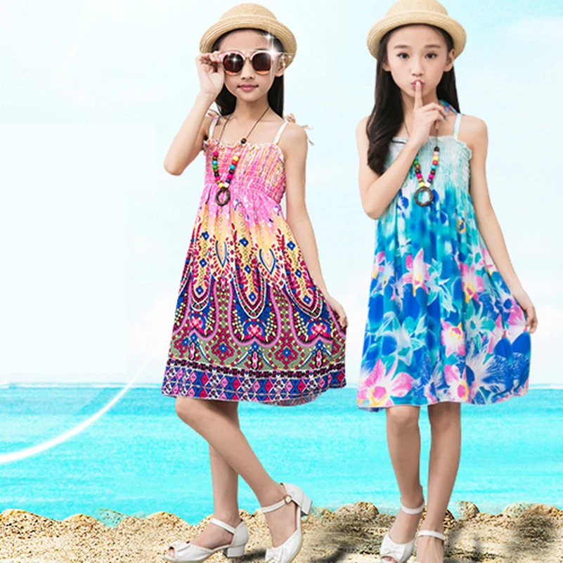 Vestidos de playa para niñas, vestido de princesa bohemio Floral con Collar, regalo para niñas de 2 12 años|Vestidos| -
