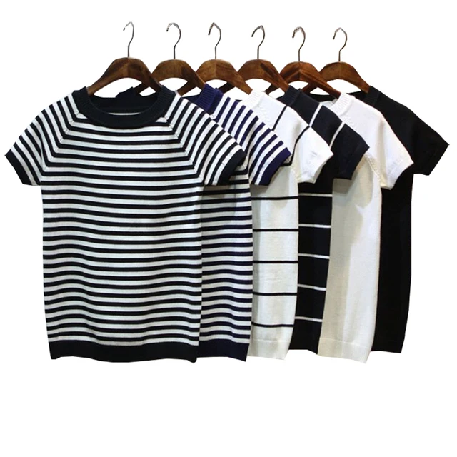 US $8.79 Summer Short Sleeve Striped Pullover Women Sweater Knitted 2020 Sweaters O-Neck Tops Korean Pull Fe