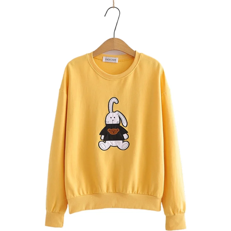 

Women Sweatshirts Harajuku Cartoon Rabbit Embroidered Hoodies 2020 Autumn Casual Loose O-Neck Cute Pullovers