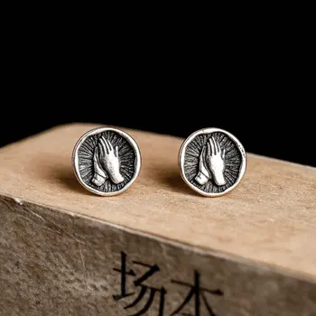 

New Hand Shaped Antique Solid Pure 925 Sterling Silver Round Stud Earrings For Women Men Personality Piercing Ear Studs Jewelry