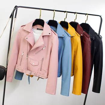 

Motorcycle PU Leather Jacket Women 2020 Autumn Spring New Fashion Short Coat With Belt 4 Color Zipper Outerwear Hot Sale LX2587