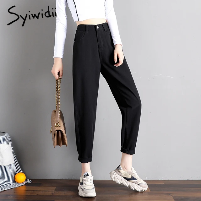 Syiwidii High Waist Jeans for Women Denim Pants Street Style Vintage Streetwear Elastic Waist Black Jeans Korean Fashion  Mom 1