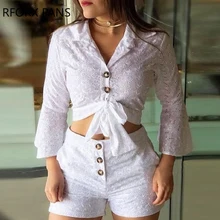 Conjunto de blusa y pantalón corto con botones y encaje, informal, para mujer