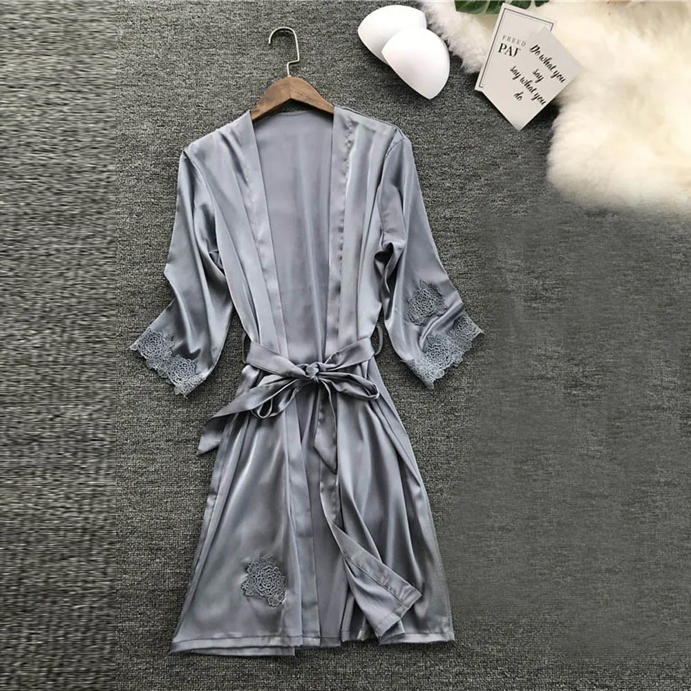 Осенний пижамный комплект для сна, женское белье, Шелковый кружевной халат, ночная рубашка, ночная рубашка, комплект кимоно с нагрудной накладкой