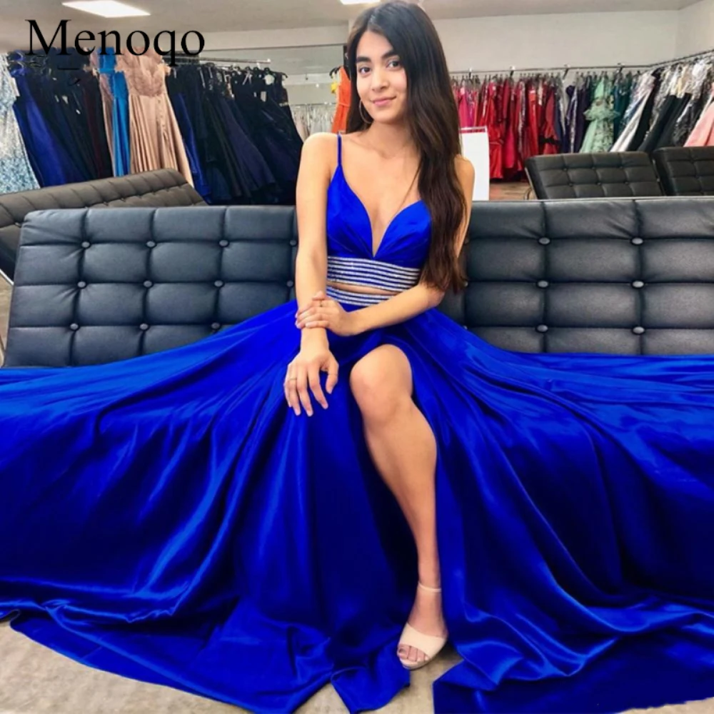 Глубокий v образный вырез из двух частей A Line Выпускные платья Спагетти ремень