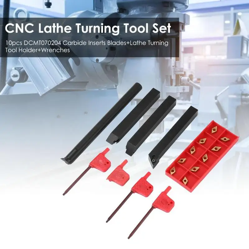10pcs DCMT070204 Carbide Inserts Blades+Lathe Turning Tool Holder+Wrenches