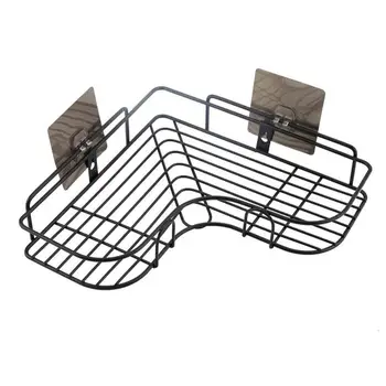 

Adhesive Wall-Mounted Bathroom Storage Rack e-Shape Towels Shampoo Corner Shelf Hooks Holder Kitchen Storage Basket