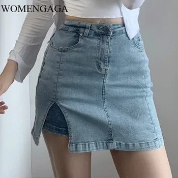 

WOMENGAGA Sexy Split Irregular Hip High Waist Splicing Double Mini Denim Skirt For Womens Girl Female 24T7
