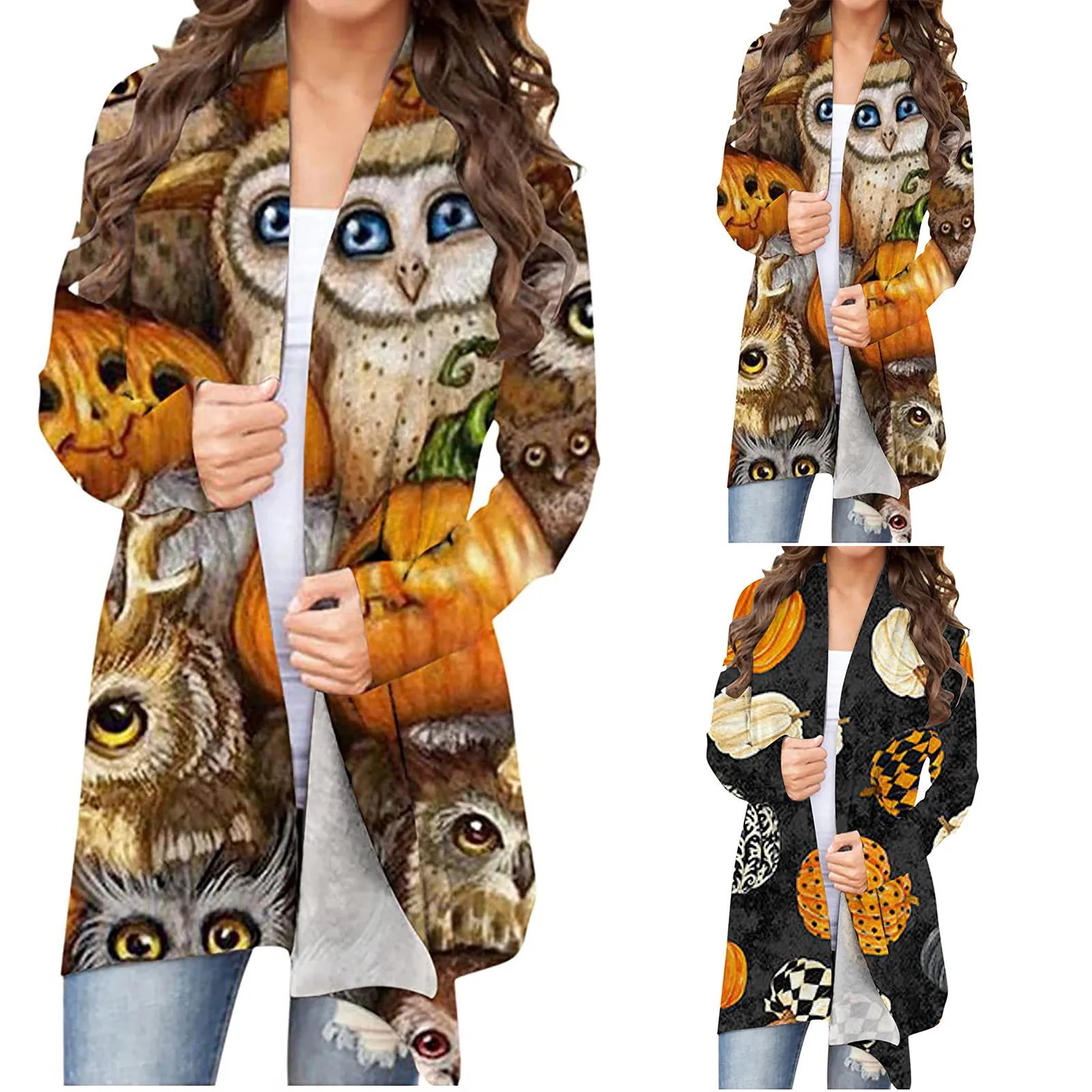 S-XXL Cardigan Halloween Women Cardigan Sweater Animal Pumpkin Print Cardigan Women Halloween Fashion Black Autumn Coat Blouse 1