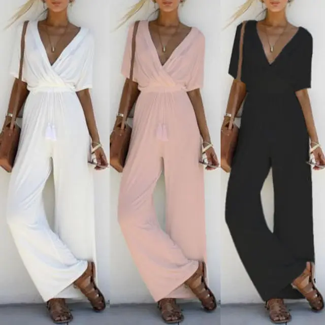 Women Jumpsuit Romper Short Sleeve V Neck Casual Playsuit Overalls Ladies Wide Leg Loose White Black Pink Playsuit Solid Jersey 1