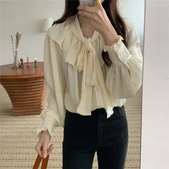 

Alien Kitty Hot Apricot All-Match Silk Loose 2020 Elegant Bow Stylish Women Office Lady Lantern-Sleeved High Quality Shirts