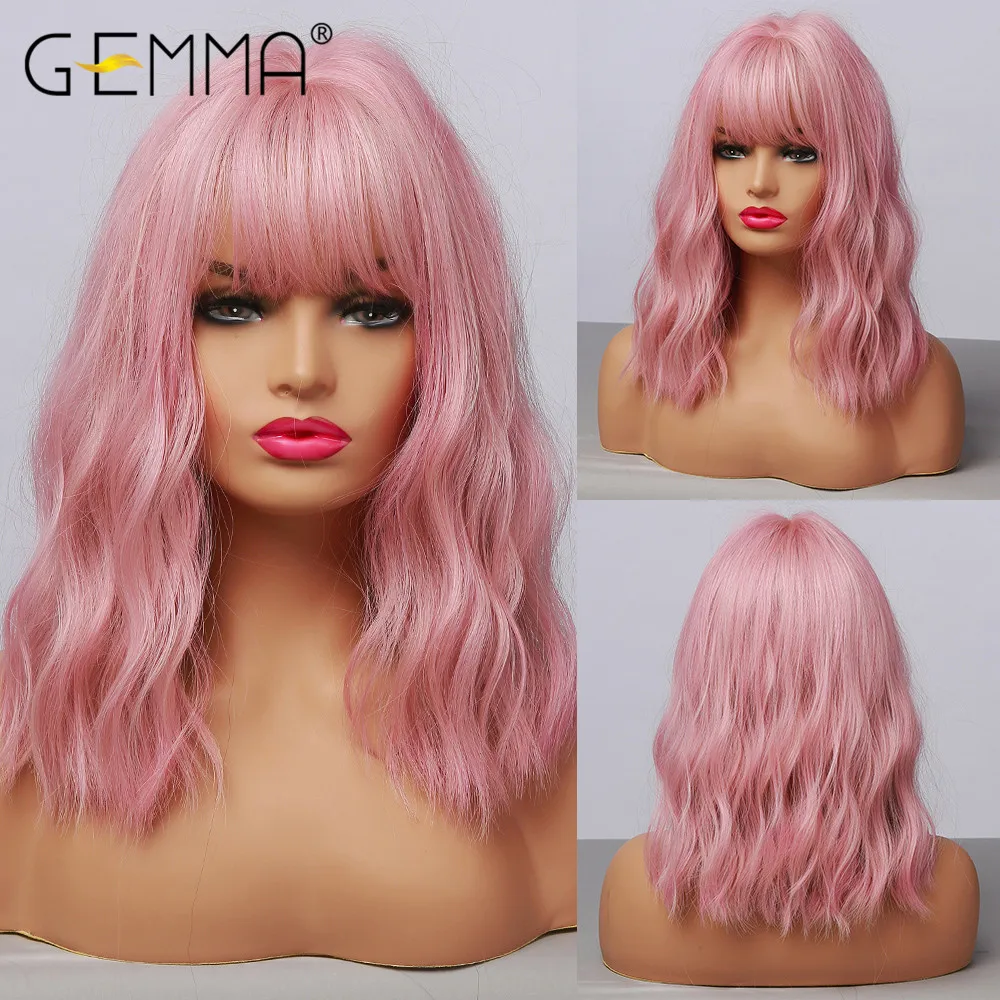 GEMMA-peluca sintética ondulada con flequillo para mujeres negras, pelo Natural de estilo africano y americano, rosa, pelo de Cosplay de Lolita resistente al calor