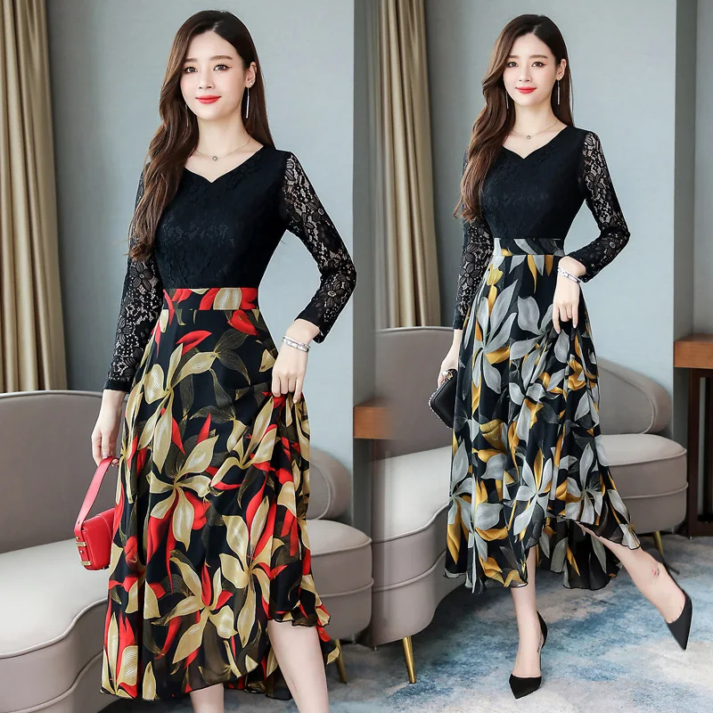 

2019 Autumn New Style WOMEN'S Dress Lace Chiffon Splicing Dress Korean-style Waist Hugging Long-sleeved Dress