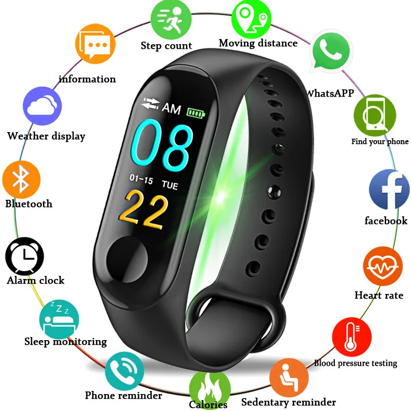 

2019 Smart Bracelet Heart Rate Monitor Blood Pressure Blood Oxygen Watch M3 Color Screen Smartband for IOS Android phone