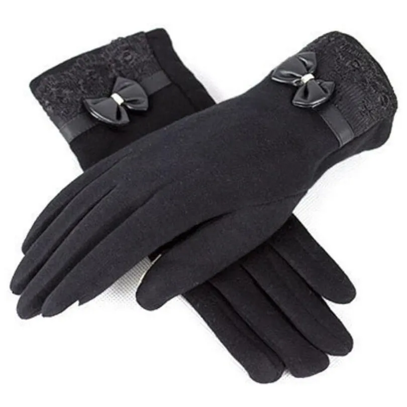 YRRETY женские перчатки шерсть зима Вождение полный палец ветрозащитный Guantes Осень Теплые Вязаные кружевные Варежки женские кашемировые перчатки для стрельбы из лука - Цвет: Leather bow Black