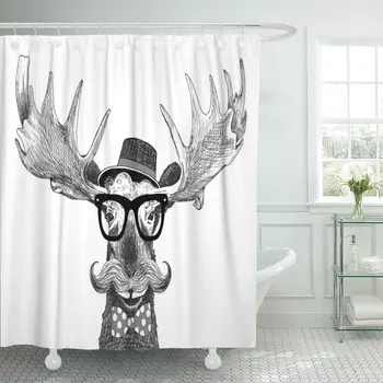 

Hipster Glasses on Moose with Hat Big Handlebar Mustache and Polka Dot Bow Tie Cartoon Animal Statement Shower Curtains