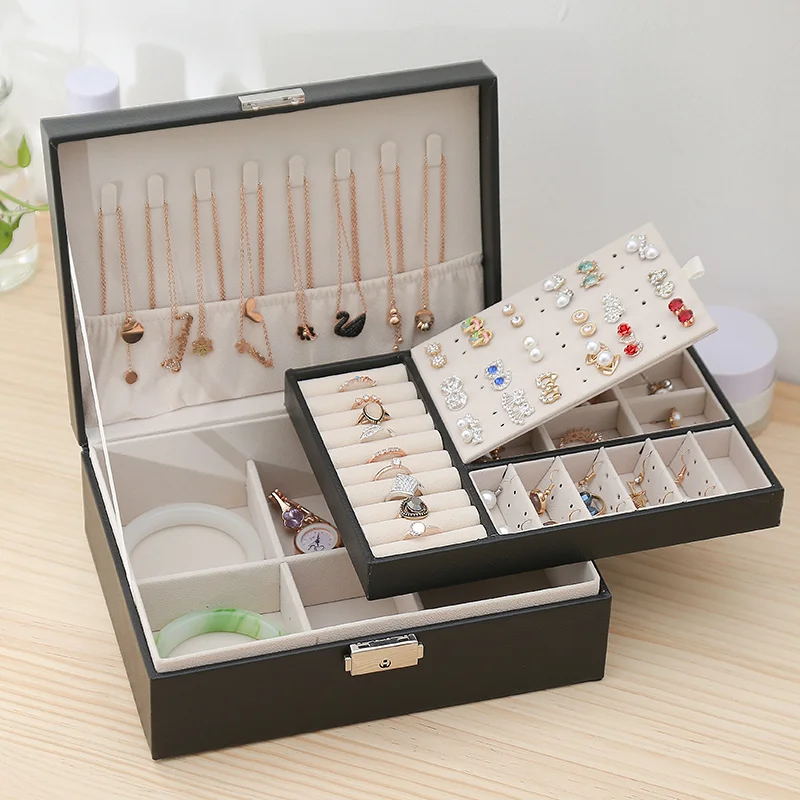 zq Double-Layer Jewelry Box with Lock Storage Stud Earring Ornament | Дом и сад
