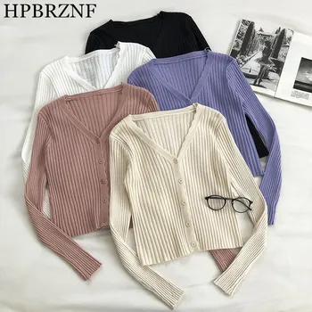 

Spring Autumn Women Fashion Solid Color Elegant Sweater V-neck Buttons Short Cardigans New Korean Slim Ladies Long Sleeve Tops