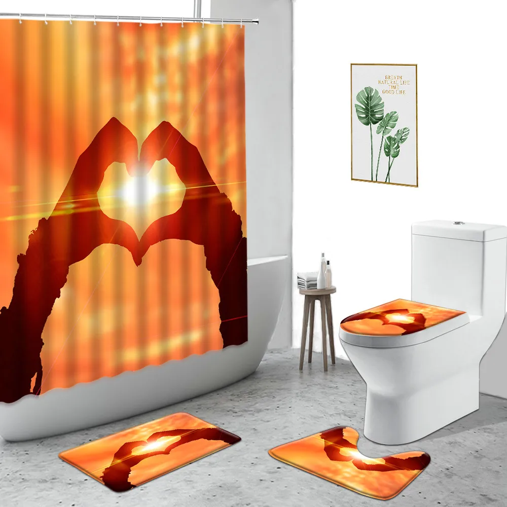 

Heart-Shaped Dusk Scenery Shower Curtains Beach Sunset Shadow Bathroom Set Non-Slip Carpet Toilet Cover Waterproof Bath Curtain