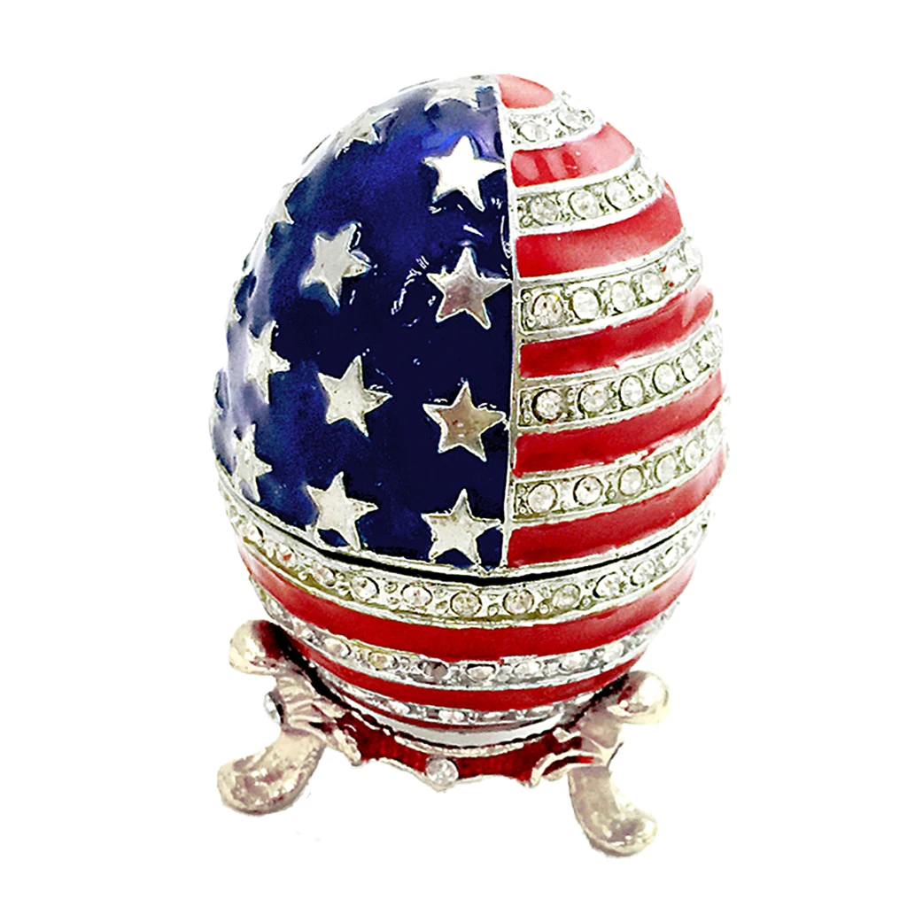Vintage Crystaled American Flag Colored Enamel Egg Trinket Jewelry Storage Box Organizer