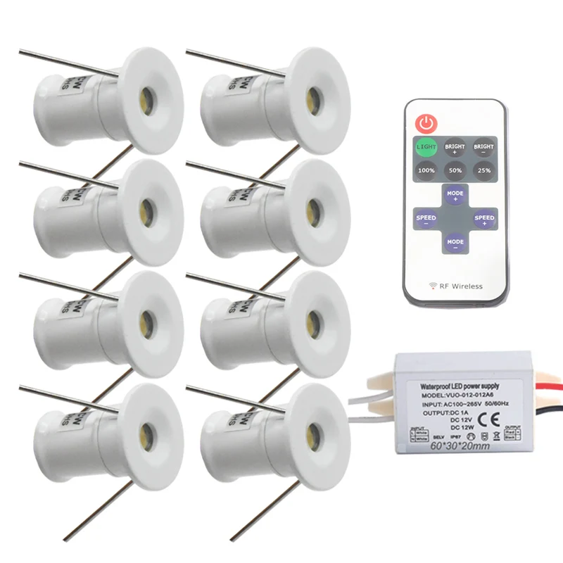 LED Downlight Dimmable Remote 15mm 1W 12V IP65 Recessed Mini LED Ceiling Lighting + IP67 Transformer Garden Stair Cabinet Spot Light Downlight