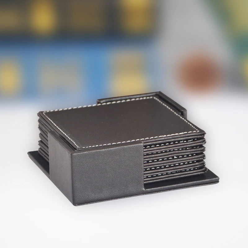 Набор из 6 шт. круглых подставок для напитков из искусственной кожи с подстаканником