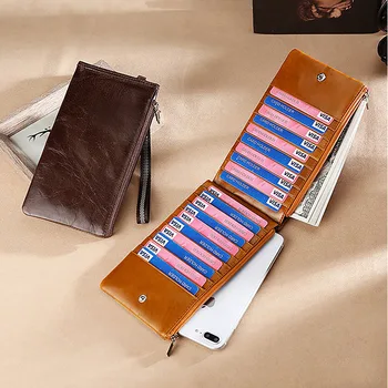 

Men Wallet Genuine Leather Long Card Holder Wallets Male 20 Slots Double Zipper Clutch Money Bag with Wristlet Retro Purse Man
